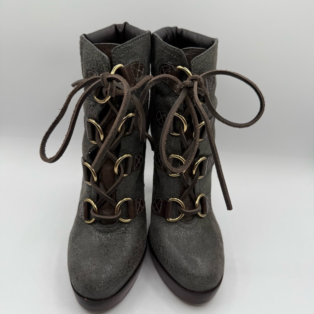 Tory Burch Lawson Bootie Pewter Brown Leather Platform Stiletto Ankle Boots 8.5 - Picture 15 of 17